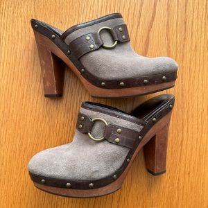 LAUREN RALPH LAUREN STUDDED SUEDE CLOGS MULES NEW ELEGANT BRASS HARDWARE LEATHER